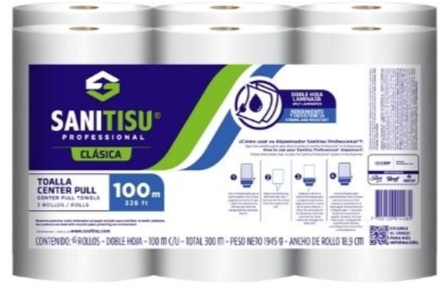 TOALLA DE MANOS ROLLO CENTER PULL SANITISU BLANCA DH 100MTS PAQ.X6UND REF: 530220302