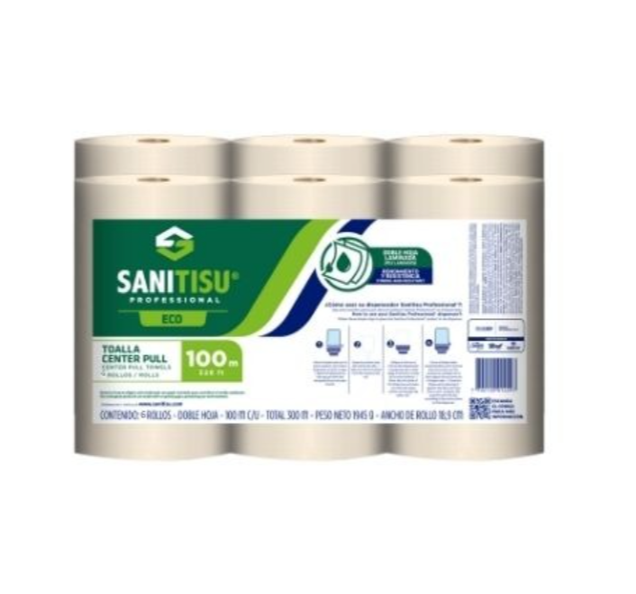 TOALLA DE MANOS ROLLO CENTER PULL SANITISU NATURAL DH 100MTS PAQ.X6UND REF: 530220303