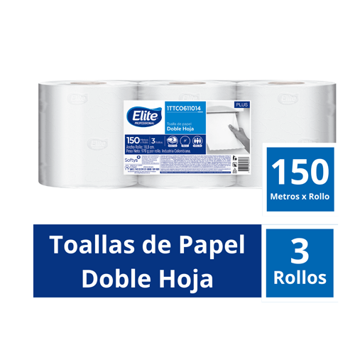 TOALLA EN ROLLO ELITE BLANCA 3H REF 1014 PAQUETE *3 ROLLOS DE150MTC/U